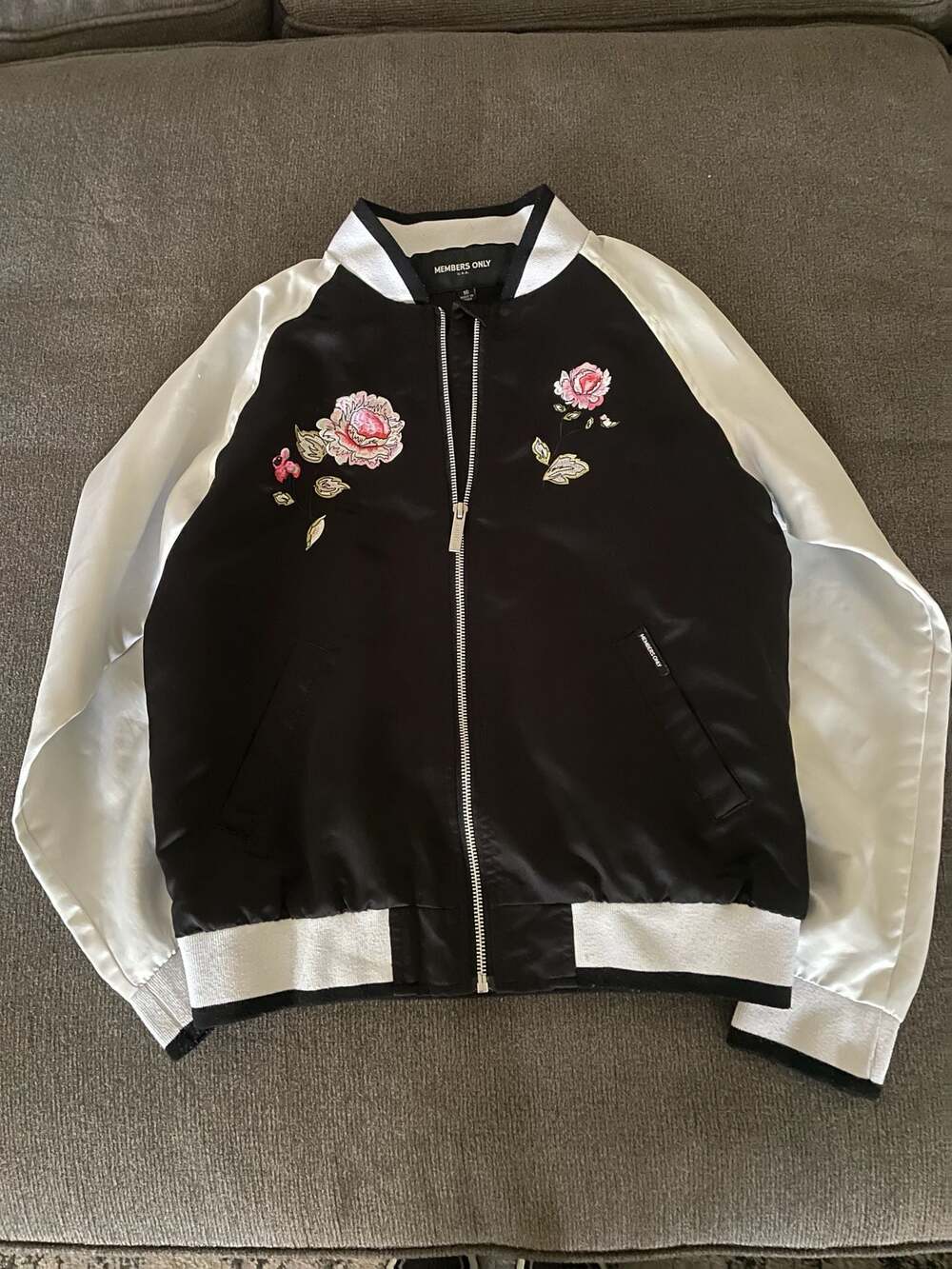 Members Only Black and White Rose Embroidered Bomber Jacket Size 16